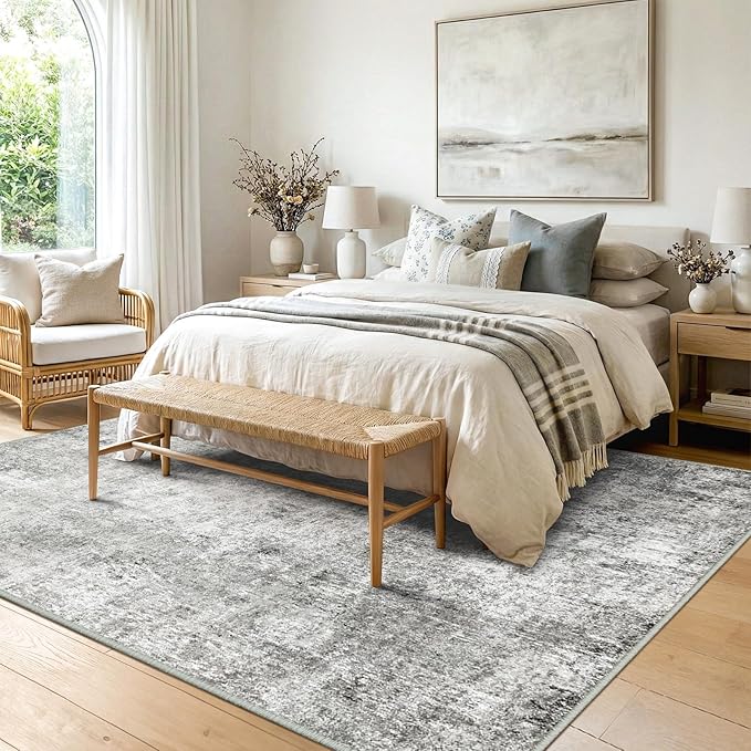 RELEANY Washable Area Rugs 9'x12' Non-Slip Modern Abstract Soft for Living Room Entryway Bedroom Kitchen, Print Pattern, Gray White Grey