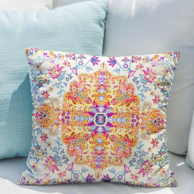 Snycler Orange Blue Ethnic Boho Pillow Covers 18x18 in Boho Carpet Cream Coral Floral Decorative Couch Pillow Cases with Zipper Set of 2 Home Decor for Living Room Bedroom Bed Cushion Outdoor