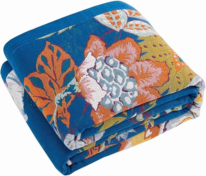 XIBLC Boho Throw Blanket, Blue Lightweight Blankets for Summer, 100% Cotton Bohemian Decorative Throw Blanket, 90"x98" Reversible Muslin Breathable Woven Farmhouse Blankets Quilt,