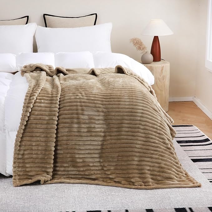 Tan Fleece Throw Blanket 108”×90” for Couch Sofa Livingroom | Super Soft Cozy Plush Microfiber Flannel Bed Blanket Striped Design Lightweight Home Decor Gifts for Adults Mom Women