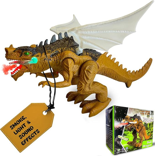 Geospace New Dragon Walking Dinosaur Toy – Smoke Breathing Fire Dragon Toy for Kids 3 & up, Walking Dinosaur Toys with Lights, Roaring Sound, Dragons Action Figure, Dragons for Gift (Bull Dragon)