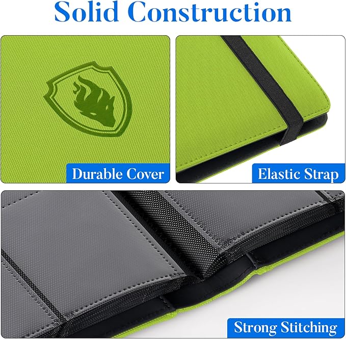 Premium 9 Pocket Card Binder for 540 Cards, Fabmaker PU Cover Trading Card Binder, Sturdy Card Collection Album, Sleek Card Holder Folders for Game Cards & Sports Cards, Green