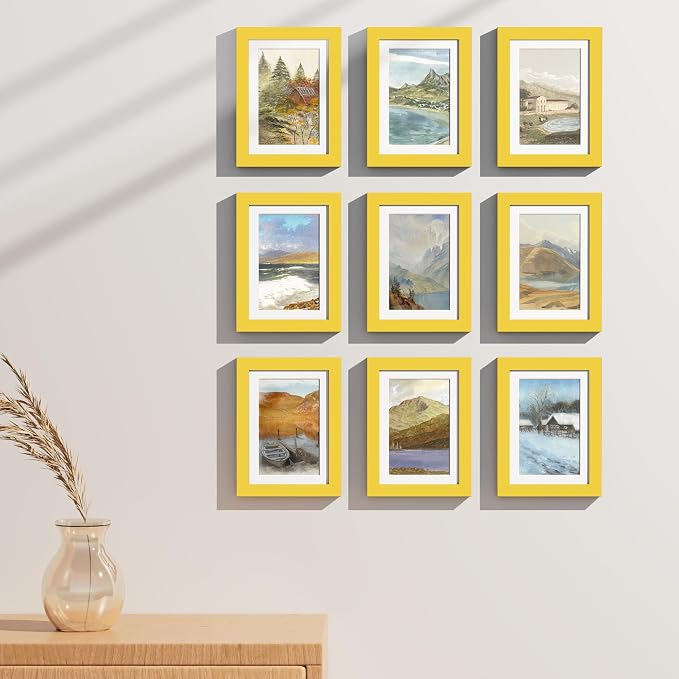 Vittanly 5x7 Picture Frames Set of 9 for Wall or Tabletop Display, Yellow | Display Pictures 4x6 with Mat or 5x7 without Mat, Small Photo Frames, Engineered Wood with Shatter Resistant Plexiglass