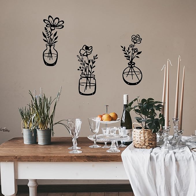 3 Pieces Black Metal Flowers Wall Decor Stocking Stuffers for Women Christmas Birthday Gifts for Women Wall Art Metal Wall Sculptures Hanging for Indoor Kitchen Bathroom Bedroom living room,14.56x5.9 inches