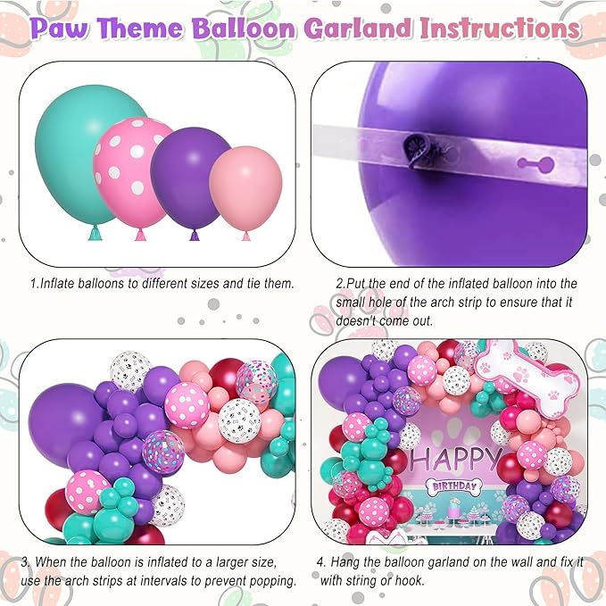 147Pcs Paw Balloons Garland Arch Kit with Dog Paw Print Balloons Pink Purple Turquoise Confetti Balloon for Girls Puppy Themed Birthday Baby Shower Party Decorations