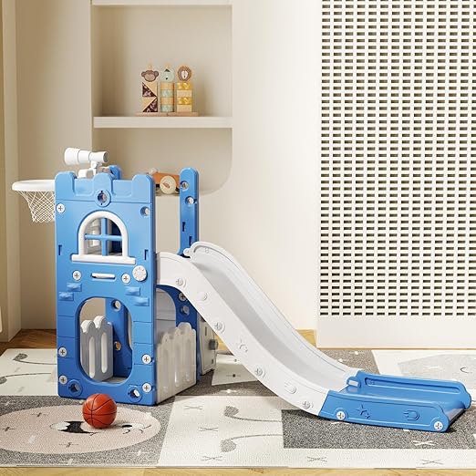6 in 1 Toddler Slide for Toddler&Kids,Kids Climber Slider for Indoor Outdoor Playground with Storage,Telescope,Basketball Hoop and L Shaped Slide for Toddler Climber Playset,Blue