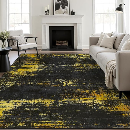 5x8 Area Rug Living Room Rug: Washable Modern Abstract Soft Thin Rug Indoor Floor No Slip Carpet for Bedroom Dining Room Farmhouse Nursery Home Office - Dark Black Gold