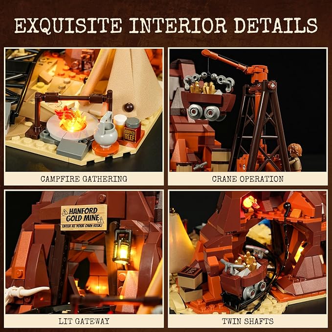 FUNWHOLE Wild West Gold Mine Lighting Building-Bricks Set - Western Prospector’s Dig Entrance 658 Pcs Mining Playset for Adults and West Lovers