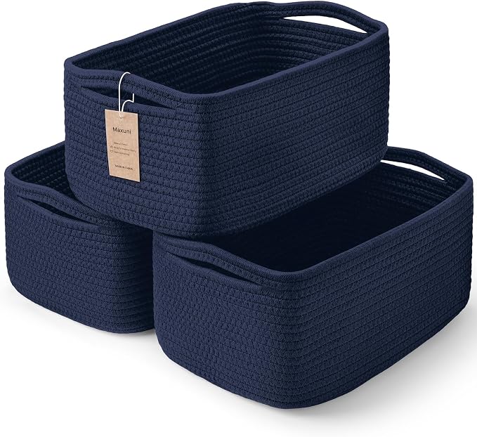 3 Pack Storage Baskets for Organizing, 13.7×9.5×6.3", Navy Blue | Woven Baskets for Shelves, Cotton Rope Basket for Gifts Empty, Closet Organizer Bins with Handles, Cube Decorative Box