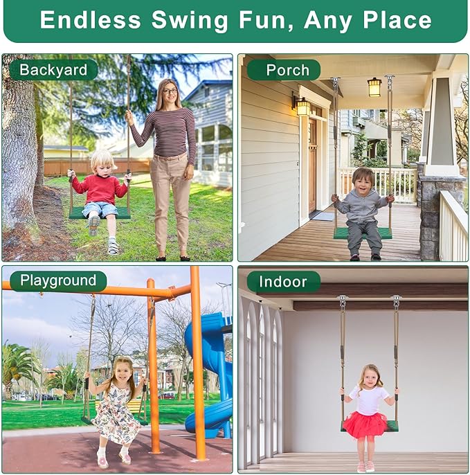 SELEWARE Heavy Duty Swing Seat with Adjustable Rope, 300lbs Capacity Non-Slip Plastic Tree Swing for Kids, Playground Swing Set Accessories Replacement with Snap Hooks for Indoor Outdoor Use (Green)