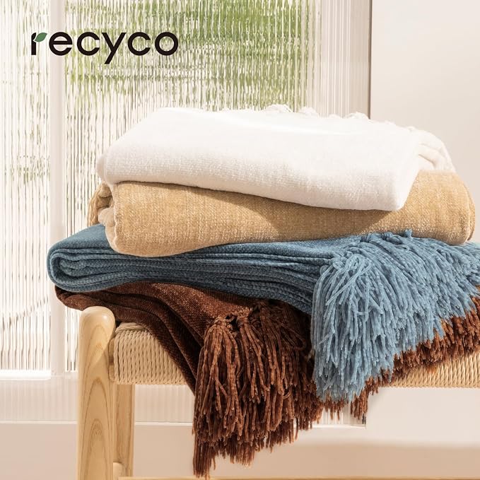 RECYCO Chenille Throw Blanket for Couch, 50"x60", Beige | Super Soft Knit Throw Blanket with Fringe Tassels, Lightweight Knitted Throw, Cozy, Ideal for Sofa Chair Bed Living Room Gift