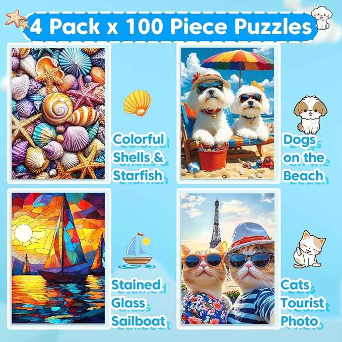 4 Packs 100 Piece Puzzle - Shells Sailboat Cats Dogs Jigsaw Puzzles, 100 Piece Puzzles for Adults Seniors Kids Puzzles for Kids Ages 4-6 6-8 8-10 Educational Puzzle Toys 15"x11"