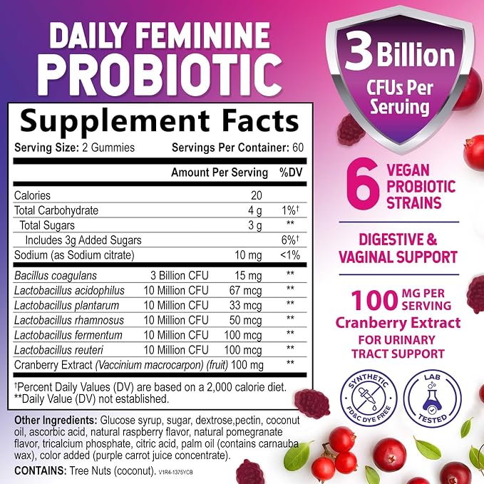 Probiotics for Women Gummies with Cranberry - 6 Premium Strains for PH Balance - Women Probiotics for Digestive Health, Vaginal & Immune Support, Women's Probiotic Feminine Health Gummy - 120 Gummies