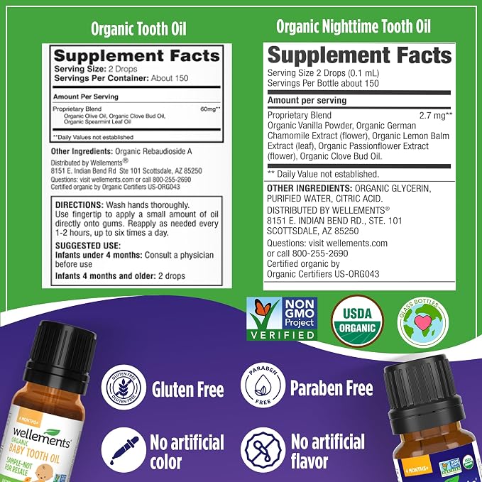 Wellements Organic Baby Tooth Oil for 4 Months+(0.5 Fl Oz) -Day & Night Soothing Teething Relief Oil* for Babies - Gently Helps Soothe Tiny Gums*, Calms Teething Discomfort & Supports Bedtime Comfort