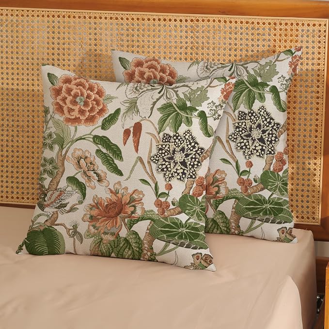 Orange Sage Green Pillow Covers 18x18 Inch Set of 2 Vintage Orange Floral Throw Pillows Chinoiserie Flower Decorative Pillow Case Outdoor Linen Farmhouse Cushion Cover for Couch Sofa Decorations