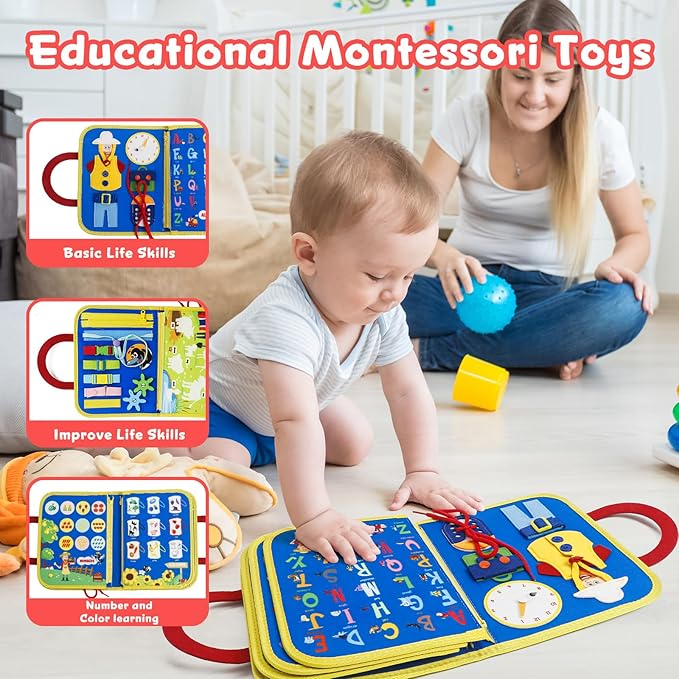 STEVE and MAGGIE Montessori Busy Board & Book - Newly Upgraded Sensory Travel Toy for Toddlers | Educational Activities to Learn Fine Motor Skills | Unisex Birthday Gift