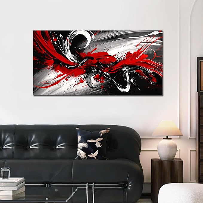 Black and White Red Large Canvas Wall Art for Living Room Framed Print Picture Painting Bedroom Office Wall Decor Modern Room Abstract Wall Decorations Artwork Size 20x40 Ready to Hang