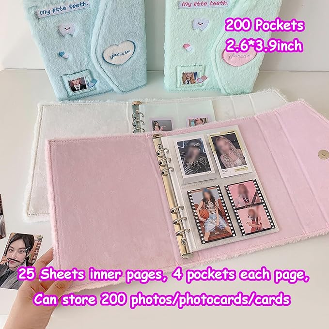Kpop Photocard Binder with 10 Sheet Cute Korean Stickers & 50 Shinning Protective Sleeves Kpop Photocard Holder Book, A5 Binder Photocard Album 25 Inner Pages with 200 Pockets