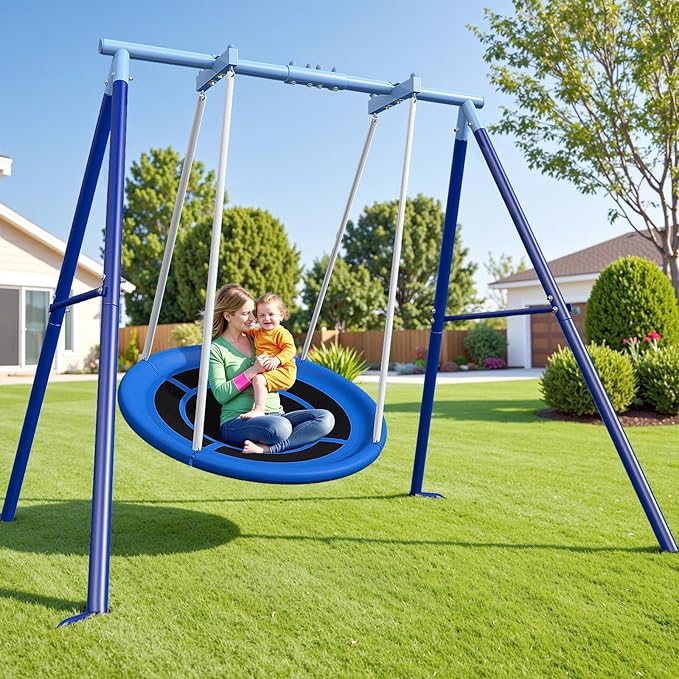 JYGOPLA 50-Inch Saucer Swing with Frame & Stand - Heavy Duty 600 lbs Capacity, Outdoor Swing Sets for Backyard Family Fun, Kids 3-12 & Adults, Easy Assembly (Blue)