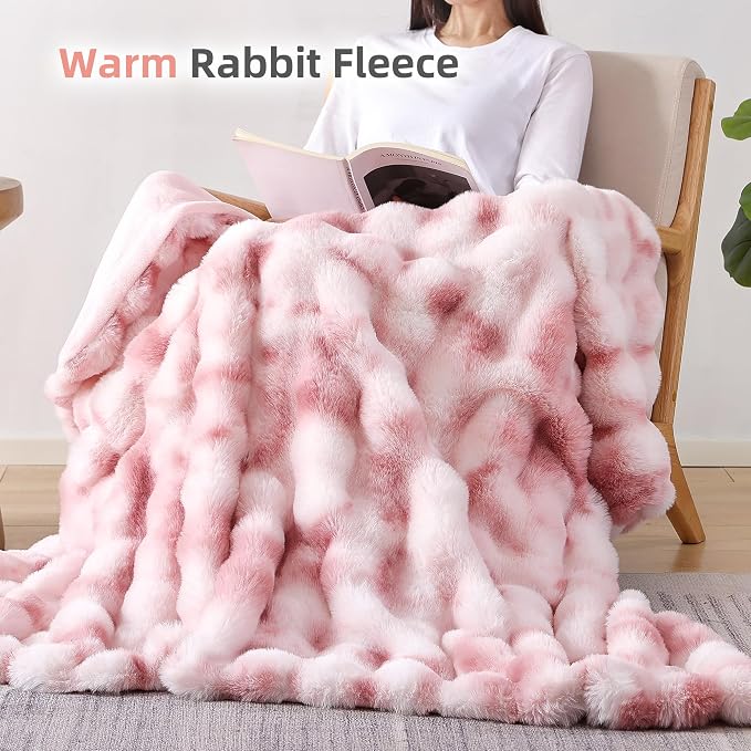 Faux Fur Throw for Couch - Tie-dye Pink Bubble Blanket 50"x60" | Fluffy Plush Fuzzy Throw for Sofa & Bed, Super Soft Cozy Comfrt Blanket, Luxury Aesthetic Pink Decor Gift for Women