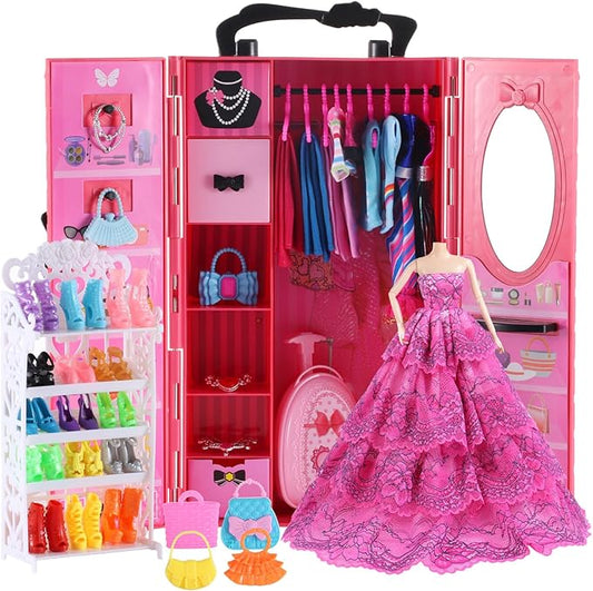 106Pcs Doll Clothes and Accessories Closet Wardrobe Playset for 11.5 Inch Girl Dolls Including Wardrobe, Shoes Rack ,Suitcase, Clothes, Dresses, Swimsuits, Shoes Hangers, Necklace ,Bags