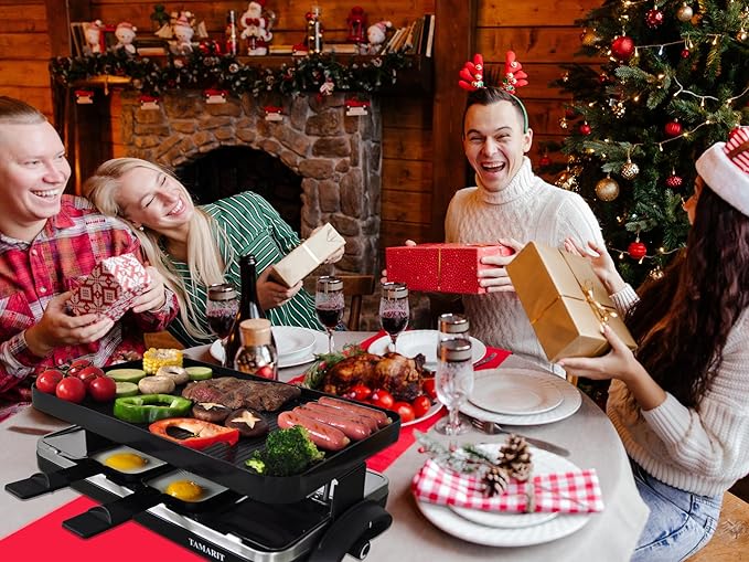 TAMARIT Raclette Grill with Extra Stone Plate, Indoor Electric Table Grill | Dual grill: reversible cast Aluminum plate and granite stone plate, 8 nonstick cheese trays, 1500W, for family parties