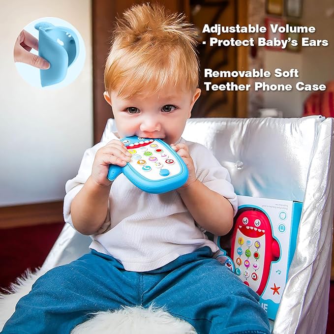 Baby Shark Cell Phone Toy Removable Teether Case, Light, Music & Adjustable Volume Kids Play & Learn Fake Phone Infant Toddler, Preschool Holiday Birthday Present for Girl Boy 0-6, 6-18 Months (Blue)