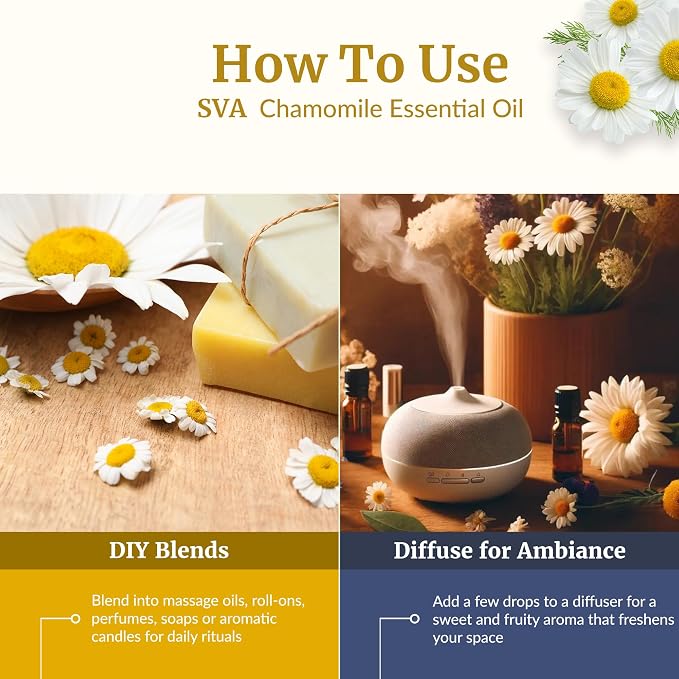 SVA Chamomile Essential Oil 1/3 Fl Oz – for Diffuser, Skin & Hair Care – Ideal for Massage & DIY Blends