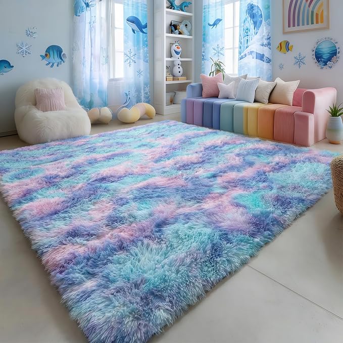 Amdrebio Blue Purple Rainbow Mermaid Rugs 6x9 for Girls Bedroom Decor Aesthetic, Soft Plush Fluffy Kawaii Area Rugs for Kids Room Nursery Playroom, Cute Colorful Shag Fuzzy Furry Baby Toddler Carpet