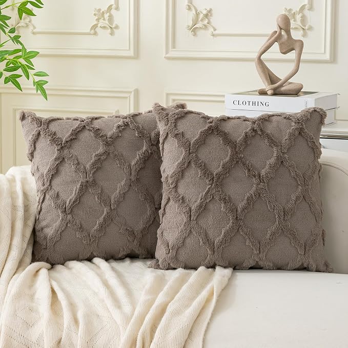 Set of 2 Soft Moroccan Throw Pillow Covers 18x18 Inch Plush Boho Decorative Pillow Cover Accent Cushion Case for Couch Sofa Bed, Deep Grey