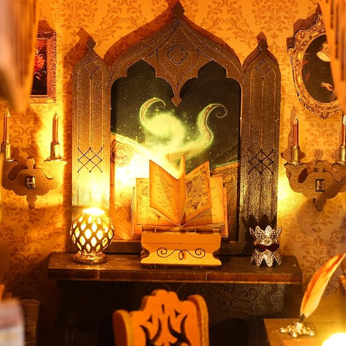 Foyucool DIY Book Nook Kit, Miniature Dollhouse Bookshelf Insert with LED Light, 3D Wooden Puzzle Bookend Insert, Perfect for Teens and Adults, Magic Book