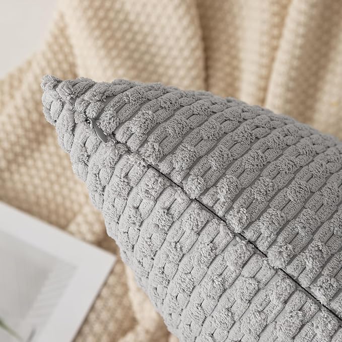 Kevin Textile Soft Corduroy 14"x36" Lumbar Pillow Cover 1 Pack, Light Grey | Boho Stripe Plush Corduroy Decorative Oblong Cushion Cover Modern Farmhouse Home Decor for Sofa Couch Bed Chair