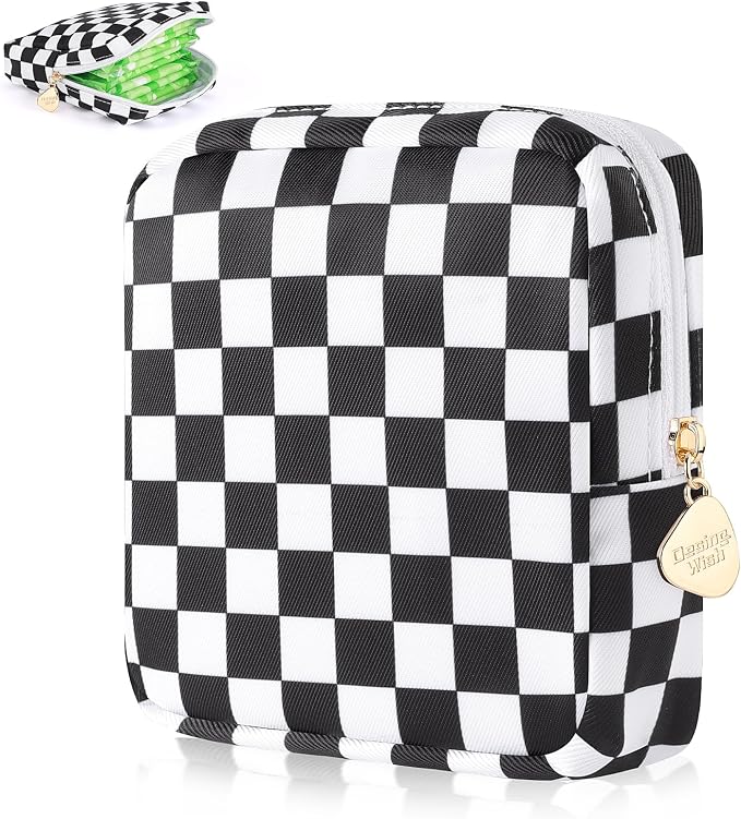 Sanitary Pad Storage Bag Portable Period Bag for Teen Pads/Sanitary Napkins/Small Tampons, Sanitary Napkin Storage Bag First Period Gifts for Teen Girls (Black-white Check)