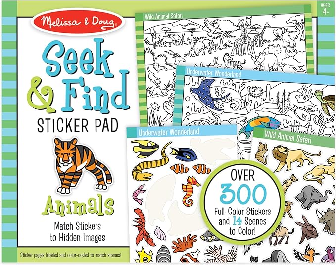 Melissa & Doug Seek & Find Sticker Pad – Animals, 400+ Stickers & 14 Scenes to Color, Search & Find Sticker Activity Pad for Coloring & Matching, Creative Learning Toys for Kids 4+ - FSC Certified