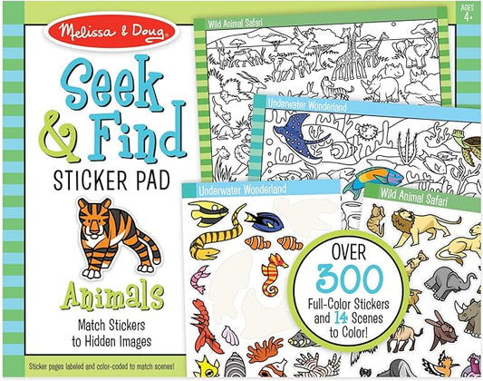 Melissa & Doug Seek & Find Sticker Pad – Animals, 400+ Stickers & 14 Scenes to Color, Search & Find Sticker Activity Pad for Coloring & Matching, Creative Learning Toys for Kids 4+ - FSC Certified