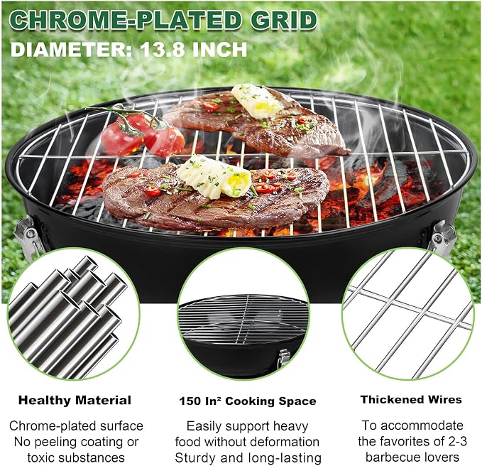 14 inch Charcoal Grill, Joyfair Small Portable Camping BBQ Kettle Grill | Outdoor Mini Barbecue Grill With Locking Lid for Patio/Tabletop/Tailgates Cooking Grilling, Enamel Coated & Dual Vent System