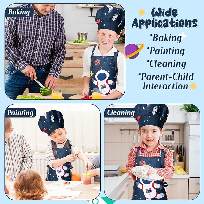 R HORSE Kid Apron and Chef Hat Set - 2Pcs Adjustable Space Astronaut Children Kitchen Apron Dress up Role Play Chef Toy Kid Cooking Gift Birthday Gift for kids Cooking Baking Painting and Training