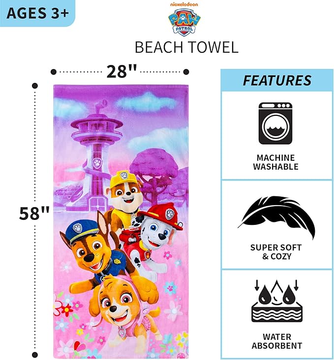 Franco Kids Super Soft Cotton Bath/Pool/Beach Towel, 58 in x 28 in, Paw Patrol Girls
