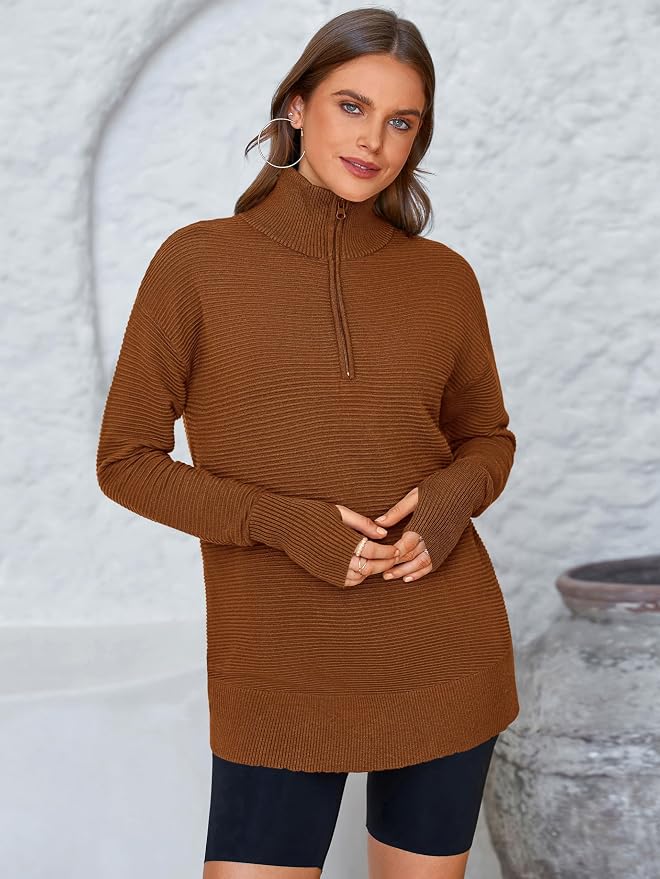 PRETTYGARDEN Womens Long Sleeve Quarter Zip Pullover Sweater Casual Loose V Neck Collared Ribbed Knit Jumper Tops Thumb Hole