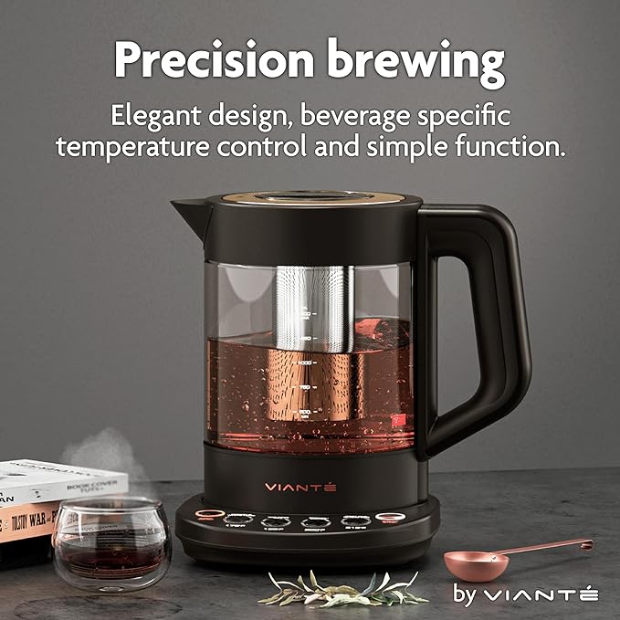 Viante Alba Electric Tea Kettle with Infuser, No Plastic In Contact With Water, 1.5L Borosilicate Glass, 304 Stainless Steel, 4 Temperature Presets, Keep Warm, Cordless, Auto Shut-Off, Black