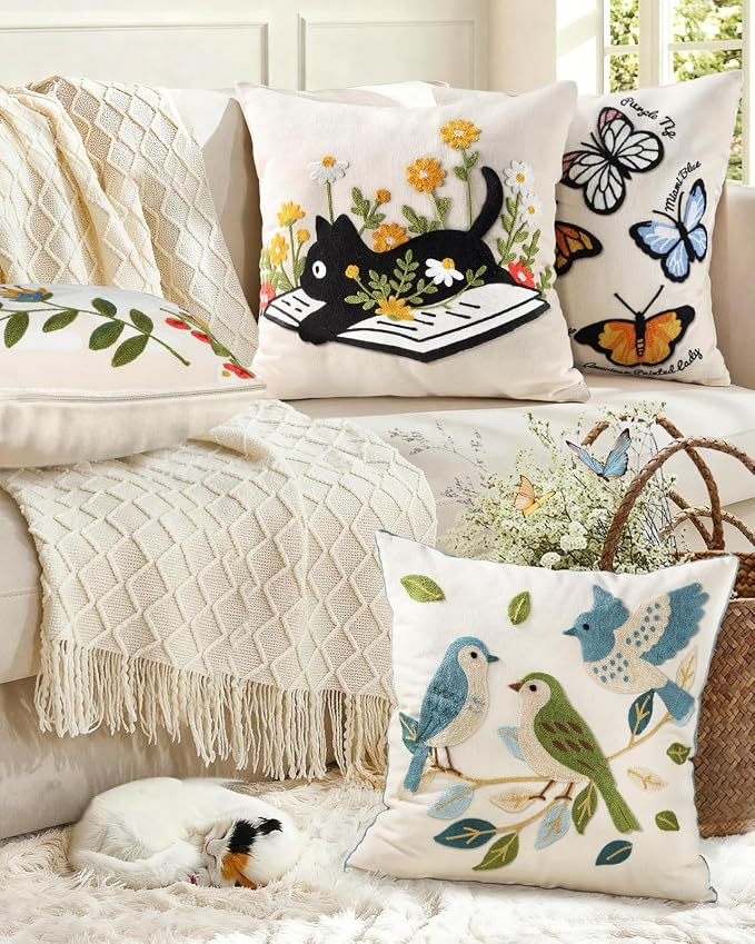 Animal Embroidered Throw Pillow Cover 18x18 Inch, Cat Floral | Decorative Pillow Cover, Farmhouse Cushion Cases with Hidden Zipper, Cottagecore Decor for Couch, Sofa, Living Room