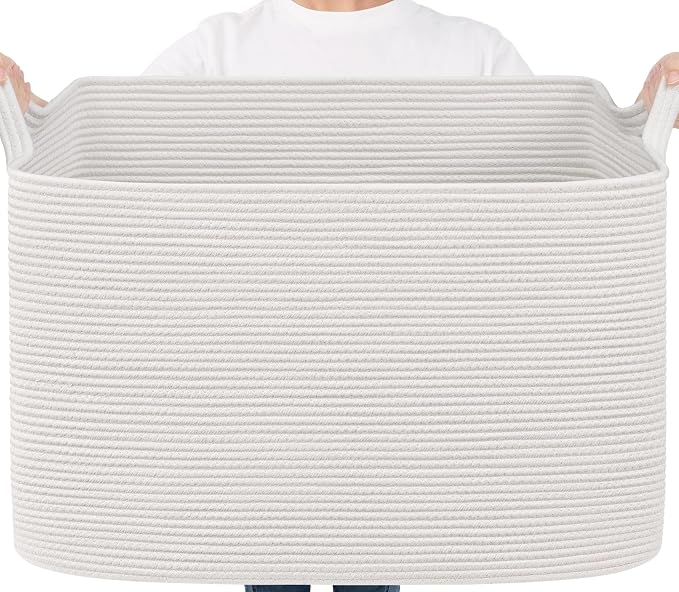 Goodpick 105L Extra Large Woven Rope Blanket Basket, Rectangle, White | 25'' x 16'' x 16'' Storage Basket for Blankets & Clothes, Living Room, Bedroom & Nursery Organization, Reinforced Handles