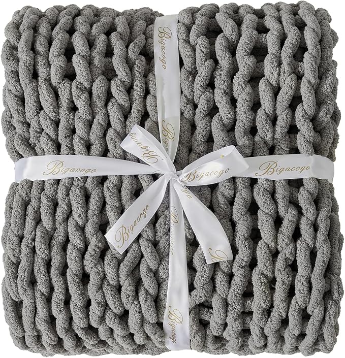 Bigacogo Chunky Knit Throw Blanket for Couch, 40x60 inches, Slate Gray | Hand Knit with Jumbo Chenille, Soft Breathable Cable Knit for Sofa Bed Living Room, Machine Washable, Gift for Mom Friend