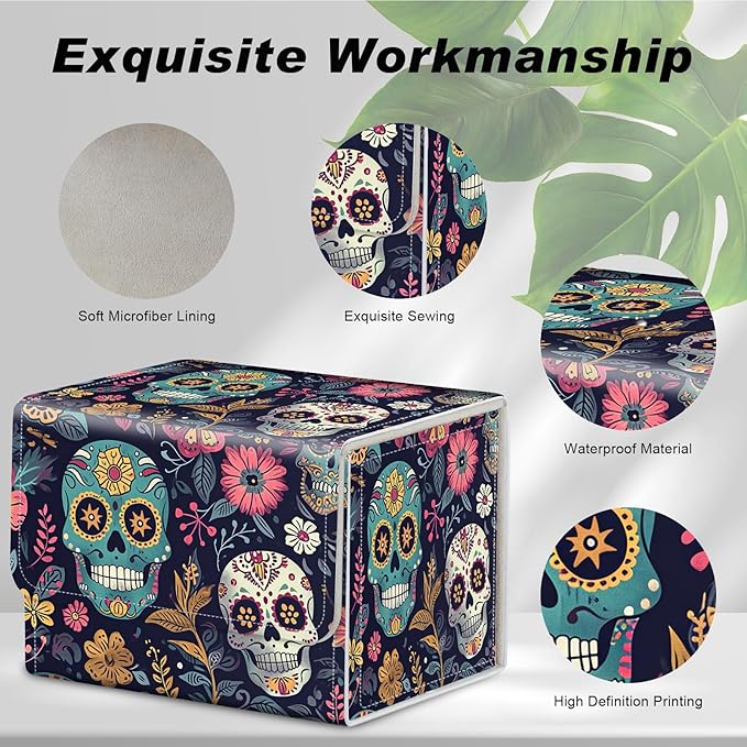 DEGDFSGR for TCG MTG Card Game Storage Box Organizer Trading Card Case Commander Deck Box Magnetic Closure Creative Pattern Up to 200 Cards, Sugar Skull Pattern