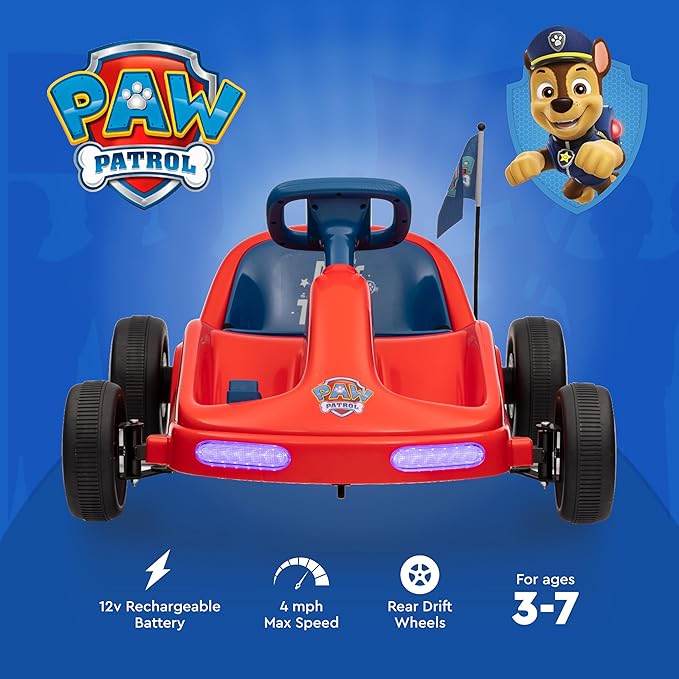Paw Patrol 12V Electric Go Kart for Kids, Electric Ride-On Toy with Lights, Seat Belt, Ages 3-6, Durable PVC and Iron Construction, Rechargeable Battery, Outdoor and Indoor Fun