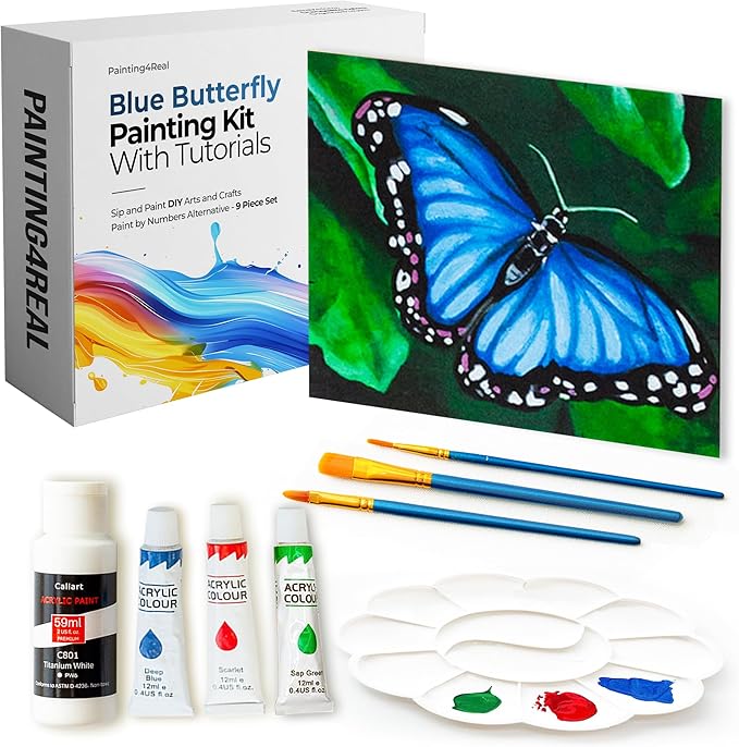 DIY Painting Class Kit for Adults with Video Tutorials: Learn to Paint Blue Butterfly – How to Paint with Acrylics – Ideal Mothers Day Gift – 9 Piece Acrylic Paint Set