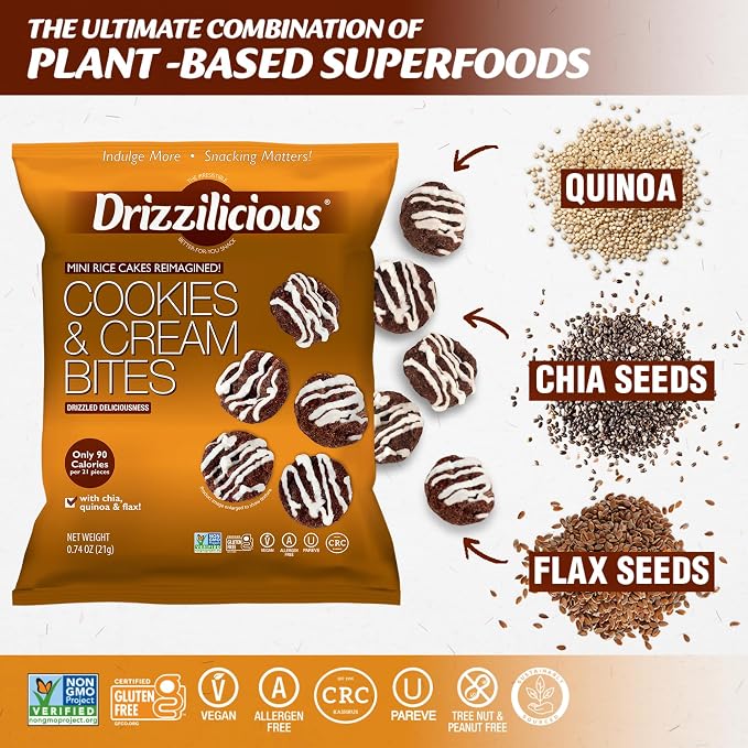Drizzilicious Mini Flavored Rice Cakes Cookies & Cream - Rice Crisps, Healthy Snack for Adults and Kids, Vegan, Gluten Free Snack, Allergen Free, Only 90 Calories Per Bag - 0.74 oz (Pack of 10)