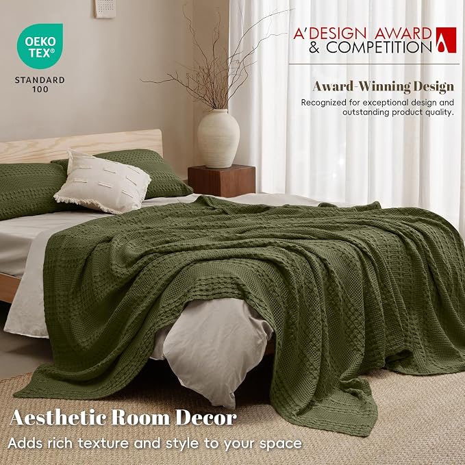 PHF 100% Cotton Waffle Weave Blanket King Size, Lightweight Breathable Summer Blanket for Hot Sleepers, Pre-Washed Soft Layer for Bed, Couch, Home Decor Gift, 108"x90", Capulet Olive