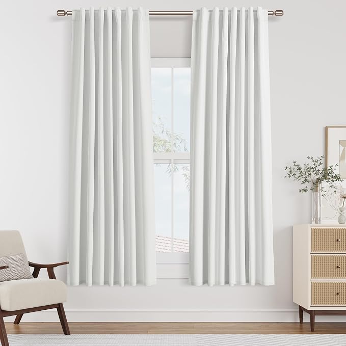 Guken White 100% Blackout Linen Curtains 40 Inch Wide by 54 Inch 2 Panels Set for Living Room Bedroom Back Tab Thermal Insulated Black Out Linen Drapes Room Darkening Window Curtains