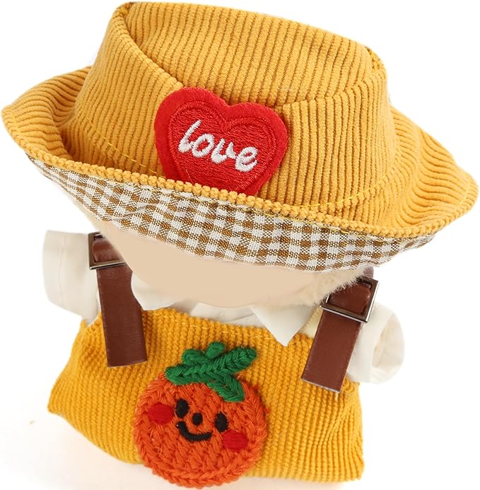 3-Piece Doll Clothes for Labubu & 17cm Dolls – Stylish Fisherman Hat Set, Kawaii Doll Outfits with Accessories for Collectors or Display - Yellow Pumpkin (No Dolls)